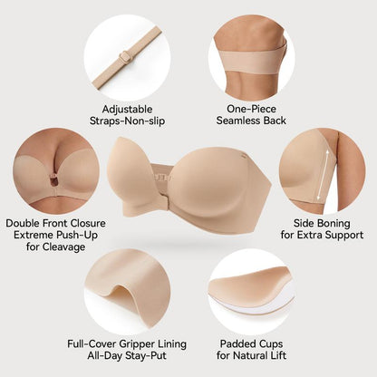 Womens Strapless Front Closure Bra Push Up Lift Bra