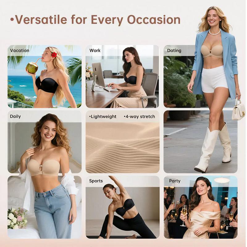 Womens Strapless Front Closure Bra Push Up Lift Bra